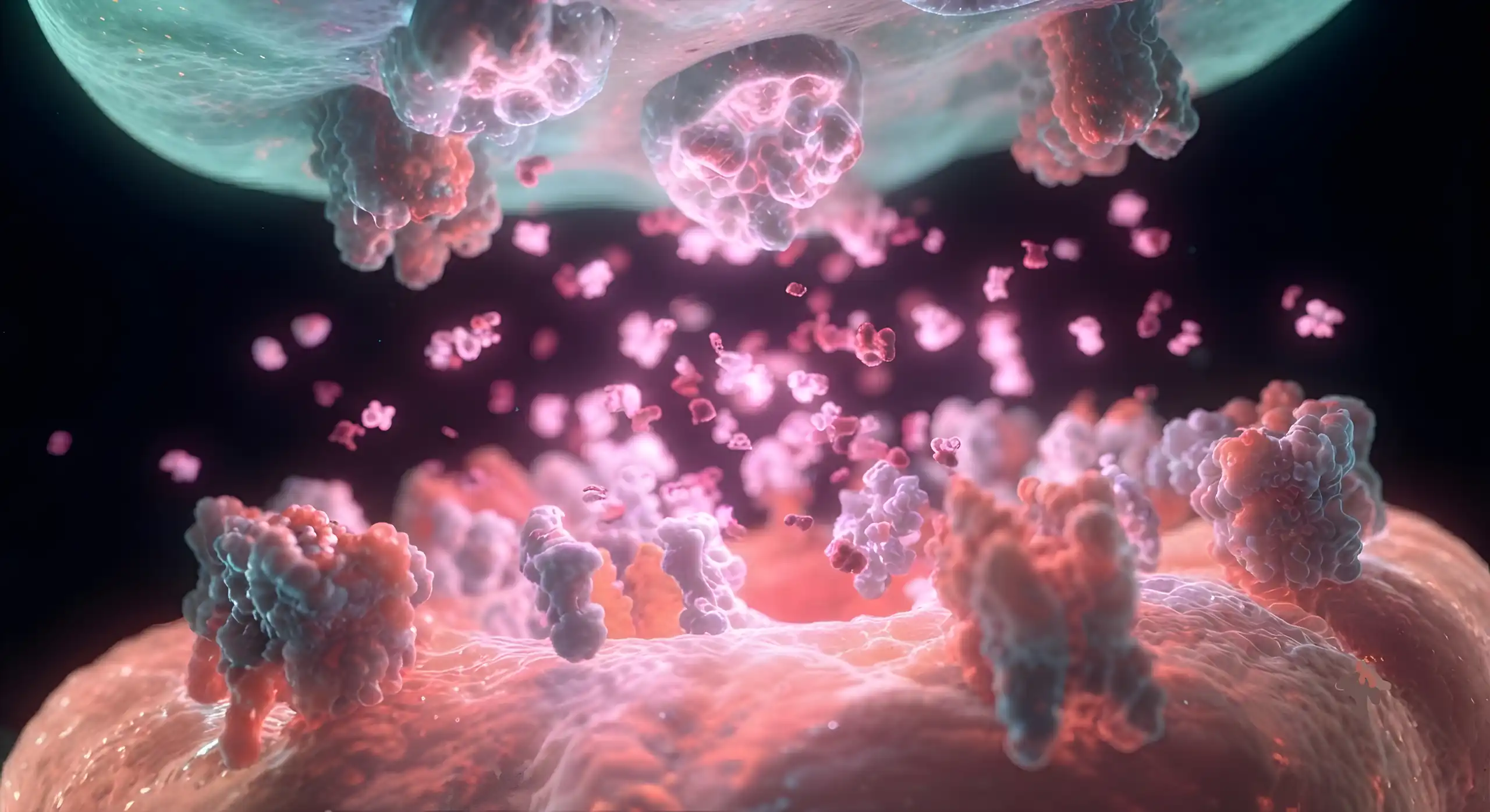 A synapse firing at the molecular level, neurotransmitters crossing the gap