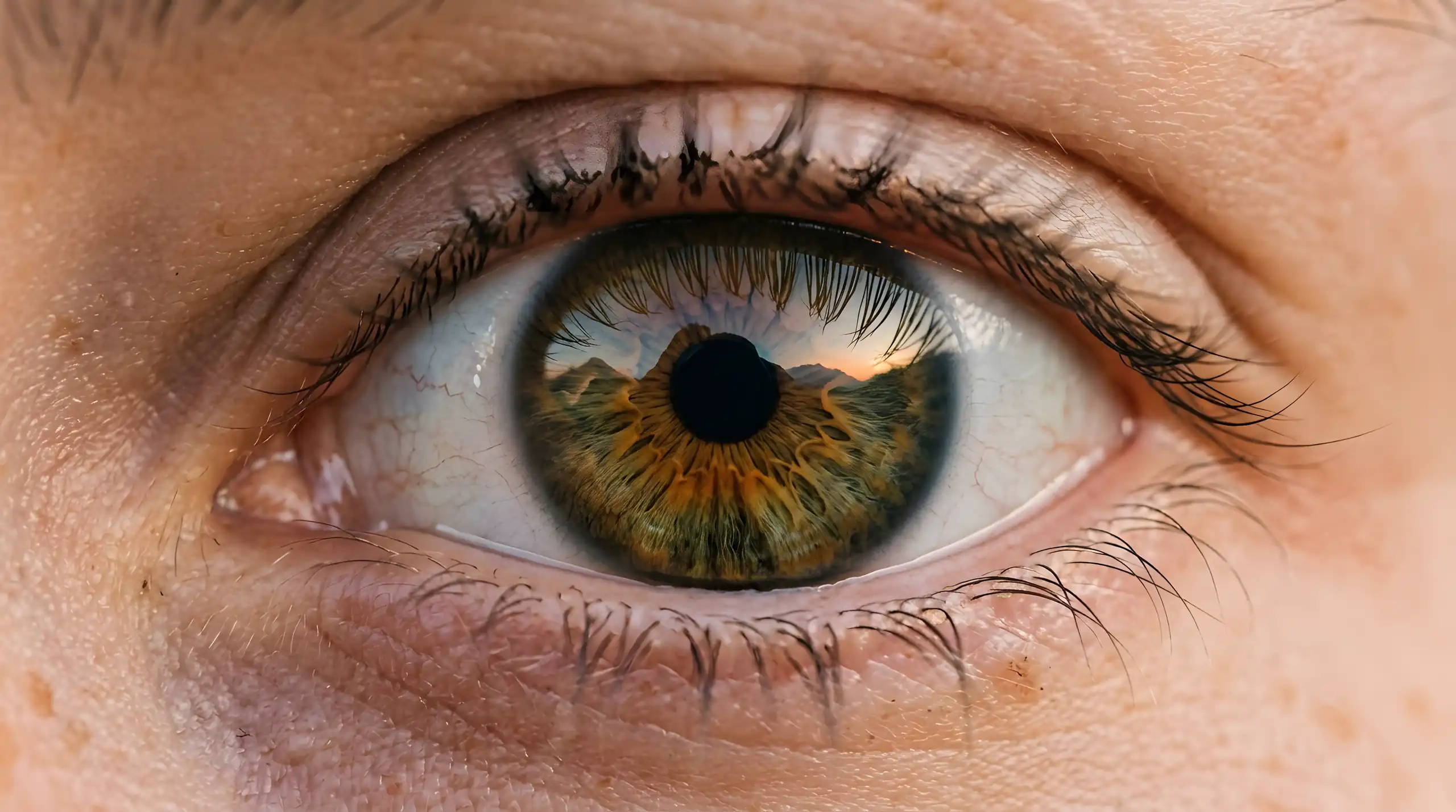 A human eye in close focus, a far horizon reflected in the iris