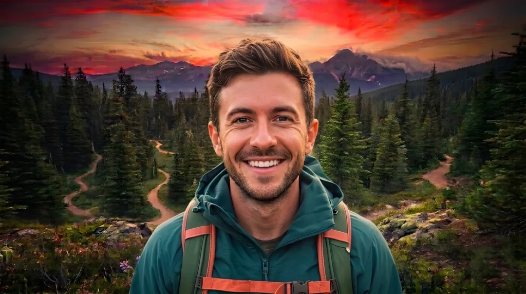 A man's face, settled and clear, in a bright open valley.
