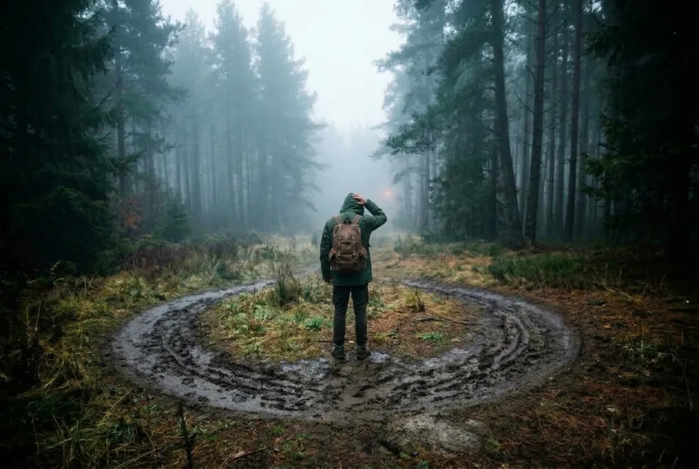 A hiker standing in a foggy forest inside a muddy trail worn into a circle